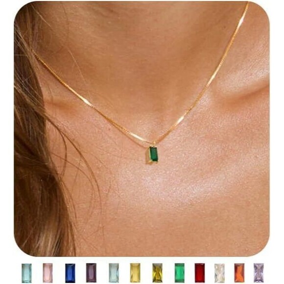 Dainty Birthday Emerald 14K Gold CZ Necklace  Baguette Necklaces for Women Gift - Picture 2 of 5